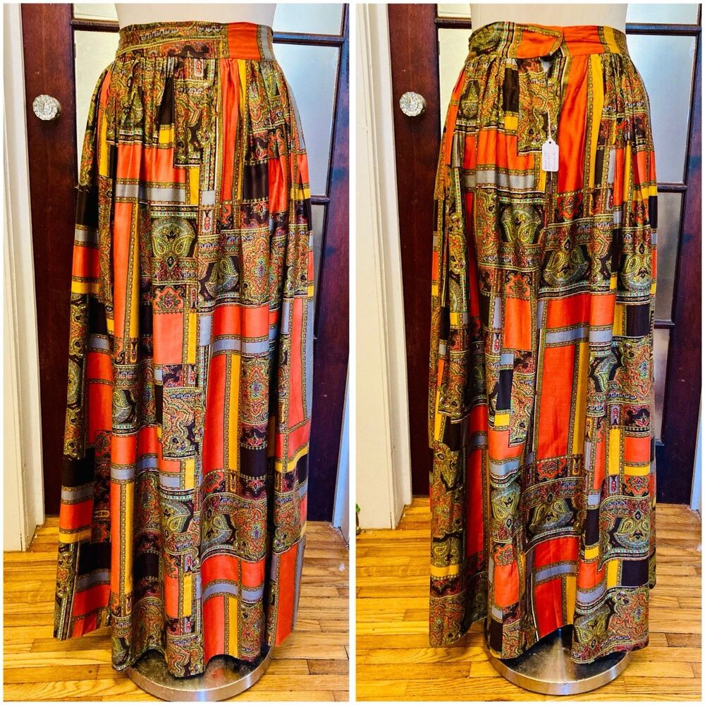 1960s 1970s Red-Orange Psychedelic Hippie Paisley Maxi Skirt Boho Victorian